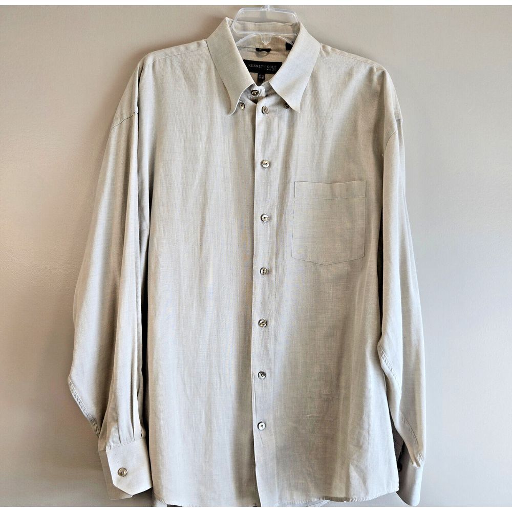 Kenneth Cole New York Shirt Mens 17.5 34-35 Tan Long Sleeve Button Classy Casual - Picture 2 of 8